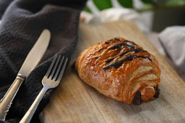 Traditional French Pastry Chocolate Croissant Rustic Background — Stock Photo, Image