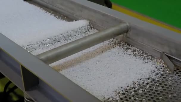 Recyklované plastové granule na automatickém třepání břidlic, dopravníkový pás v továrně — Stock video