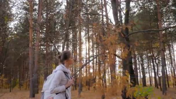 Vista lateral de la mujer joven con mochila caminando en el parque de otoño - steadicam shot — Vídeo de stock