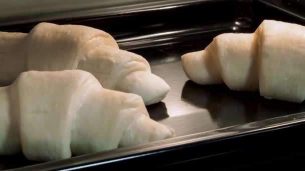 Timelapse - tre croissant fatti in casa in cottura e lievitazione in forno: primo piano — Video Stock