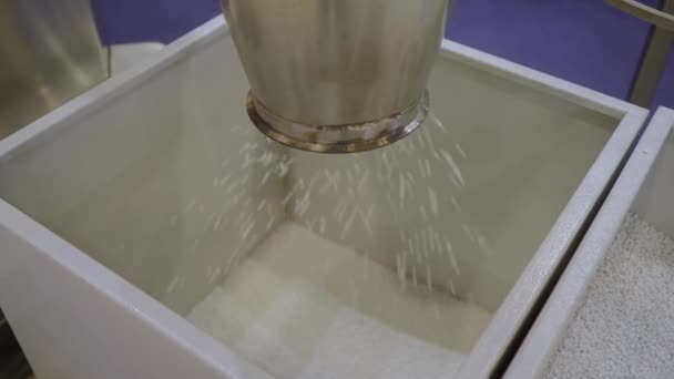 Recyklované pelety, plastové granule padající do kovové nádoby v továrně — Stock video