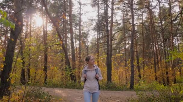 Mujer con mochila caminando en el parque de otoño - disparo steadicam, destellos de lentes de sol — Vídeo de stock