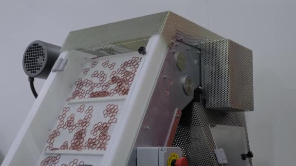 Détails en plastique se déplaçant sur bande transporteuse à l'exposition, usine — Video
