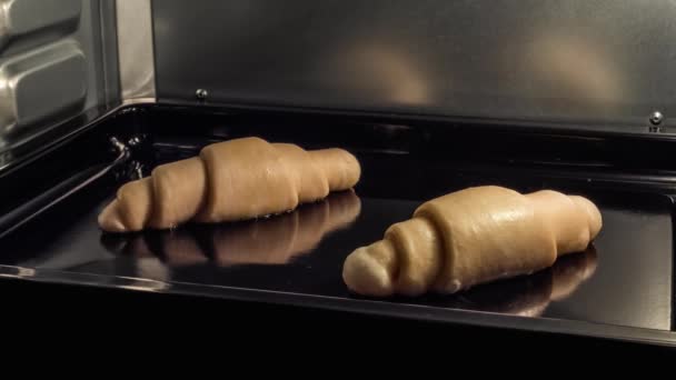 Timelapse - dva domácí croissanty pečení a stoupá v elektrické troubě doma — Stock video