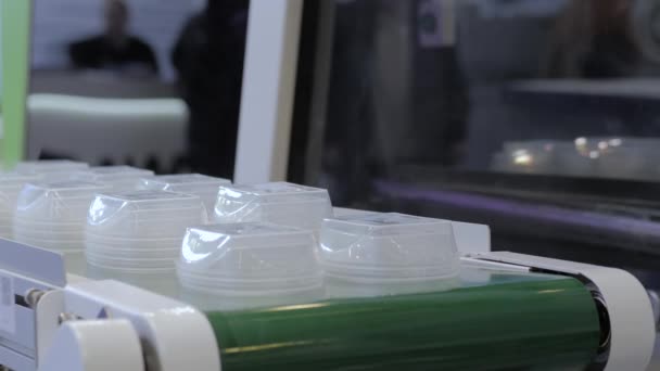 Pila di contenitori per alimenti su nastro trasportatore della macchina per lo stampaggio ad iniezione di plastica — Video Stock