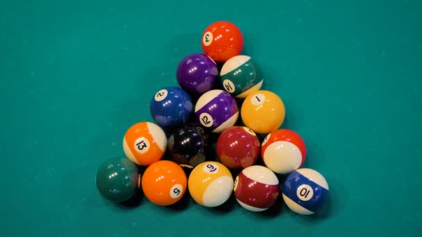 Top view: breaking racked colorful pool balls on teal billiard table - close up — Stock Video