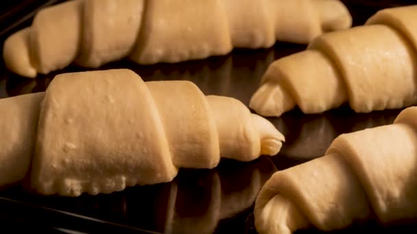 Timelapse - four homemade croissants baking and rising in oven at home: close up — Stockvideo