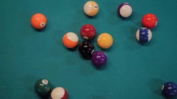 Slow motion: breaking racked pool balls on teal billiard table - close up — 图库视频影像