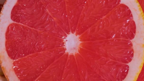 Kolorowe czerwone plastry owoców cytrusowych grejpfrutów na obracającej się powierzchni - zbliżenie — Wideo stockowe