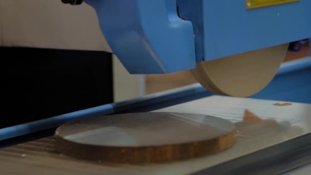 Mouvement lent : machine de meulage de surface travaillant avec une pièce métallique à l'usine — Video