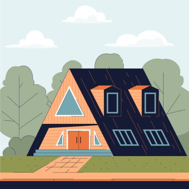 İki katlı ahşap üçgen kır evi..