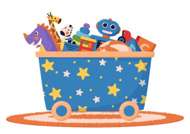 Çocuk oyuncakları mavi kutu beyaz üzerine izole