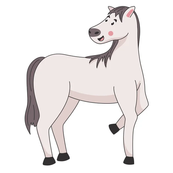 Desenhos animados bonito cavalo cinza de pé e sorriso —  Vetores de Stock