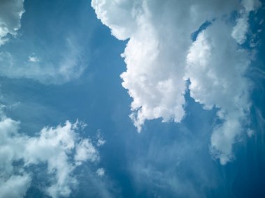 Duvar kâğıdı kartpostal, metin için yer var. Mavi gökyüzüne karşı kabarık beyaz bulutlar. Yatay fotoğraf.