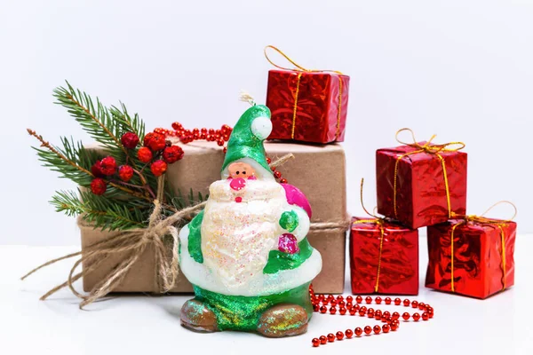 Santa Claus Gifts Christmas White Background Christmas Decorations Horizontal Photo — Stock Photo, Image