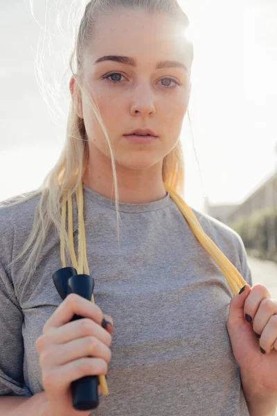 Close Portrait Serious Beautiful Young Woman Holding Jumping Rope While — Fotografia de Stock