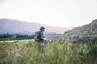 Full length of mature male wanderlust looking away and exploring nature while hiking with pole amidst plants on land