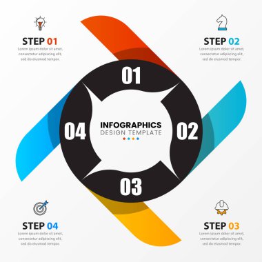 Infographic tasarım şablonu. Dört adımlı yaratıcı bir kavram. İş akışı düzeni, diyagram, pankart, web tasarımı için kullanılabilir. Vektör illüstrasyonu