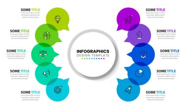 Infographic tasarım şablonu. 10 adımlı yaratıcı bir kavram. İş akışı düzeni, diyagram, pankart, web tasarımı için kullanılabilir. Vektör illüstrasyonu