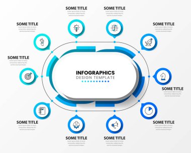 Infographic tasarım şablonu. 10 adımlı yaratıcı bir kavram. İş akışı düzeni, diyagram, pankart, web tasarımı için kullanılabilir. Vektör illüstrasyonu