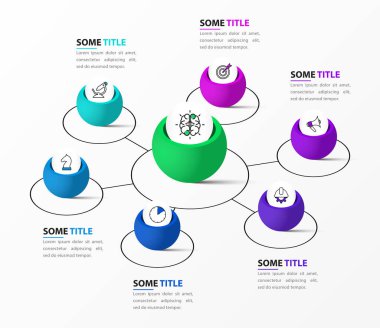 Infographic tasarım şablonu. 6 adımlı iş konsepti. İş akışı düzeni, diyagram, pankart, web tasarımı için kullanılabilir. Vektör illüstrasyonu