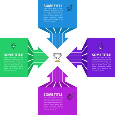 Infographic tasarım şablonu. Dört adımlı yaratıcı bir kavram. İş akışı düzeni, diyagram, pankart, web tasarımı için kullanılabilir. Vektör illüstrasyonu