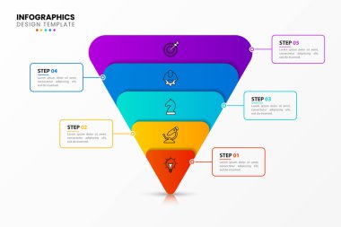 Infographic tasarım şablonu. 5 adımlı yaratıcı bir kavram. İş akışı düzeni, diyagram, pankart, web tasarımı için kullanılabilir. Vektör illüstrasyonu.