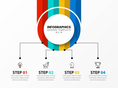 Infographic tasarım şablonu. Dört adımlı yaratıcı bir kavram. İş akışı düzeni, diyagram, pankart, web tasarımı için kullanılabilir. Vektör illüstrasyonu