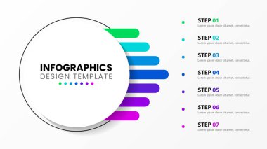 Infographic tasarım şablonu. 7 aşamalı yaratıcı bir kavram. İş akışı düzeni, diyagram, pankart, web tasarımı için kullanılabilir. Vektör illüstrasyonu