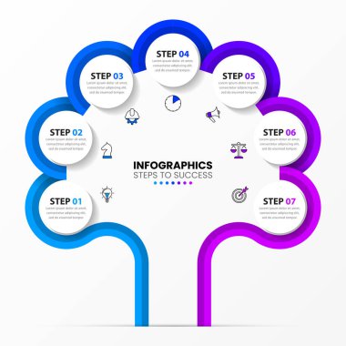 Infographic tasarım şablonu. 7 aşamalı yaratıcı bir kavram. İş akışı düzeni, diyagram, pankart, web tasarımı için kullanılabilir. Vektör illüstrasyonu.