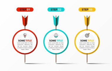 Infographic tasarım şablonu. Üç adımlı yaratıcı bir kavram. İş akışı düzeni, diyagram, pankart, web tasarımı için kullanılabilir. Vektör illüstrasyonu