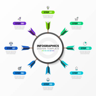 Infographic tasarım şablonu. 8 adımlı yaratıcı bir kavram. İş akışı düzeni, diyagram, pankart, web tasarımı için kullanılabilir. Vektör illüstrasyonu