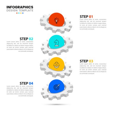 4 adım ya da seçenekli bilgi şablonu. Üç boyutlu dişli. İş akışı düzeni, diyagram, pankart, web tasarımı için kullanılabilir. Vektör illüstrasyonu