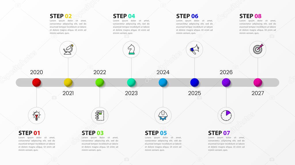 Timeline concept. Infographic template with icons and 8 options or steps. Can be used for workflow layout, diagram, banner, webdesign. Vector illustration