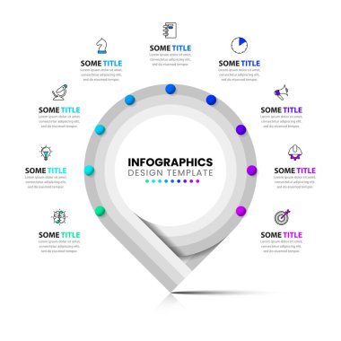 Simgeli bilgi şablonu ve 9 seçenek veya adım. İşaretçi. İş akışı düzeni, diyagram, pankart, web tasarımı için kullanılabilir. Vektör illüstrasyonu