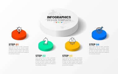 Simgeli bilgi şablonu ve 4 seçenek veya adım. Isometric çemberleri. İş akışı düzeni, diyagram, pankart, web tasarımı için kullanılabilir. Vektör illüstrasyonu