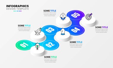 Simgeli bilgi şablonu ve 5 seçenek veya adım. Isometric çemberleri. İş akışı düzeni, diyagram, pankart, web tasarımı için kullanılabilir. Vektör illüstrasyonu