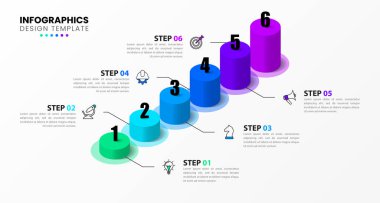 Simgeli ve 6 basamaklı bilgi şablonu. Sütunlar. İş akışı düzeni, diyagram, pankart, web tasarımı için kullanılabilir. Vektör illüstrasyonu
