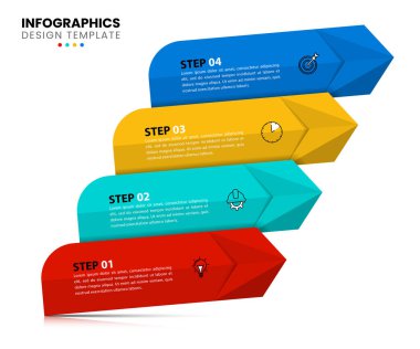 Simgeli bilgi şablonu ve 4 seçenek veya adım. Oklar. İş akışı düzeni, diyagram, pankart, web tasarımı için kullanılabilir. Vektör illüstrasyonu