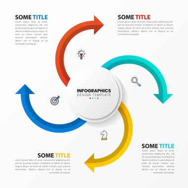 Simgeli bilgi şablonu ve 4 seçenek veya adım. Oklar. İş akışı düzeni, diyagram, pankart, web tasarımı için kullanılabilir. Vektör illüstrasyonu