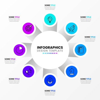 Simgeli ve 8 basamaklı bilgi şablonu. Sütunlar. İş akışı düzeni, diyagram, pankart, web tasarımı için kullanılabilir. Vektör illüstrasyonu