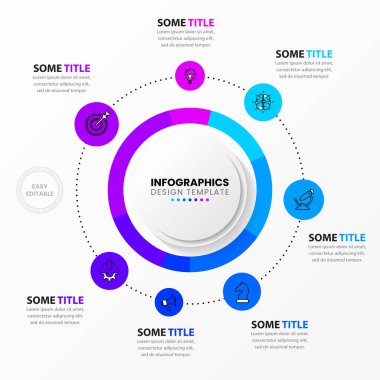 Simgeli bilgi şablonu ve 7 seçenek veya adım. Turta. İş akışı düzeni, diyagram, pankart, web tasarımı için kullanılabilir. Vektör illüstrasyonu