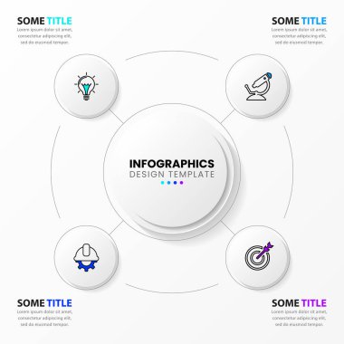 Simgeli bilgi şablonu ve 4 seçenek veya adım. Çember olun. İş akışı düzeni, diyagram, pankart, web tasarımı için kullanılabilir. Vektör illüstrasyonu