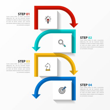 Simgeli bilgi şablonu ve 4 seçenek veya adım. Dikdörtgen. İş akışı düzeni, diyagram, pankart, web tasarımı için kullanılabilir. Vektör illüstrasyonu
