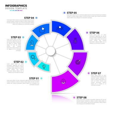 Simgeli ve 8 basamaklı bilgi şablonu. Sarmal. İş akışı düzeni, diyagram, pankart, web tasarımı için kullanılabilir. Vektör illüstrasyonu