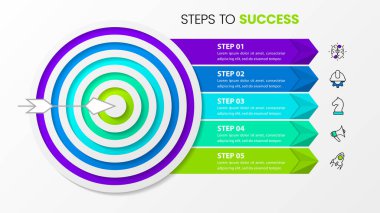 Simgeli bilgi şablonu ve 5 seçenek veya adım. Başarı. İş akışı düzeni, diyagram, pankart, web tasarımı için kullanılabilir. Vektör illüstrasyonu