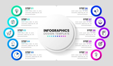 Simgeli bilgi şablonu ve 10 seçenek veya adım. İş akışı düzeni, diyagram, pankart, web tasarımı için kullanılabilir. Vektör illüstrasyonu