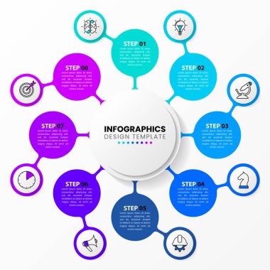 Simgeli ve 8 basamaklı bilgi şablonu. Çember olun. İş akışı düzeni, diyagram, pankart, web tasarımı için kullanılabilir. Vektör illüstrasyonu