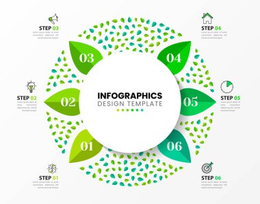 Simgeli ve 6 basamaklı bilgi şablonu. Yeşil. İş akışı düzeni, diyagram, pankart, web tasarımı için kullanılabilir. Vektör illüstrasyonu
