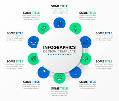 Simgeli bilgi şablonu ve 10 seçenek veya adım. Çember olun. İş akışı düzeni, diyagram, pankart, web tasarımı için kullanılabilir. Vektör illüstrasyonu